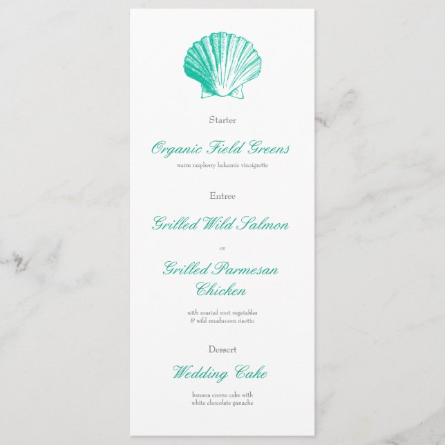 Dark Aqua Seashell Wedding Reception Dinner Menu (Front)