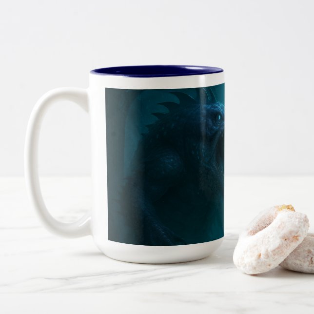 "Dark Aquatic Warrior & Sea Beast Fantasy Art Mug" Two-Tone Coffee Mug (With Donut)