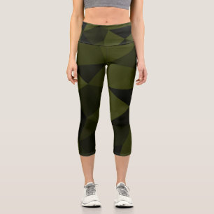 Dark army green black geometric mesh pattern cool  capri leggings
