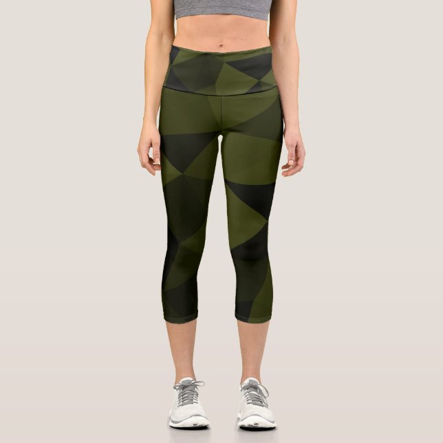 Dark army green black geometric mesh pattern cool  capri leggings (Front)