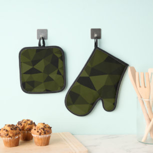 Dark army green black geometric mesh pattern cool oven mitt & pot holder set