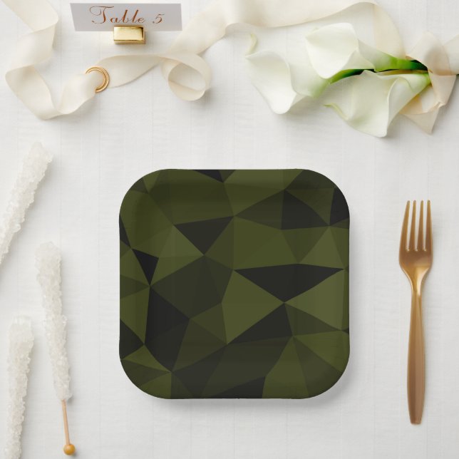 Dark army green black geometric mesh pattern cool  paper plate (Wedding)