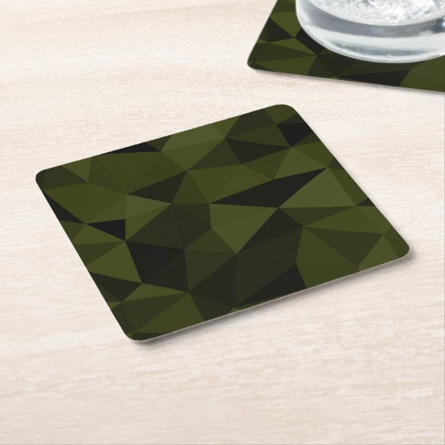 Dark army green black geometric mesh pattern cool  square paper coaster (Angled)
