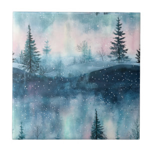 Dark Aurora Borealis Night Forest Tile