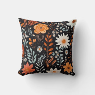 Dark Autumn Floral Pattern White Daisies Fall Art Throw Pillow