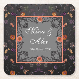 Dark Autumn Floral Personalized Wedding Square Paper Coaster