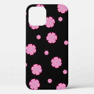 Dark background bright stylized pink flowers. abst iPhone 12 case