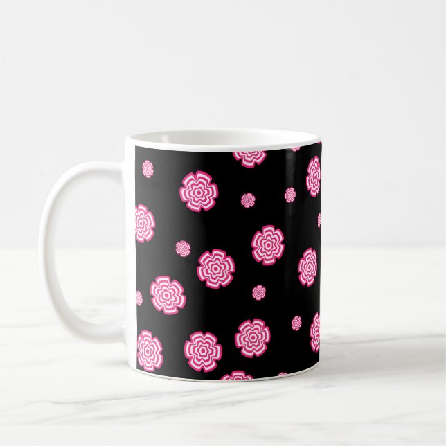 Dark background bright stylized pink flowers. abst coffee mug (Left)