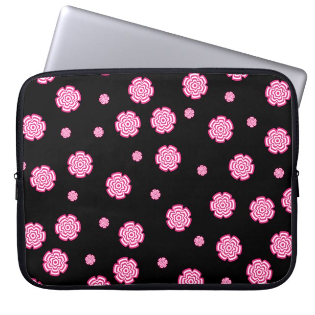 Dark background bright stylized pink flowers. abst laptop sleeve (Front)