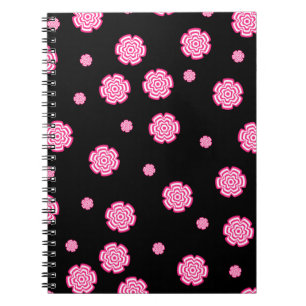 Dark background bright stylized pink flowers. abst notebook