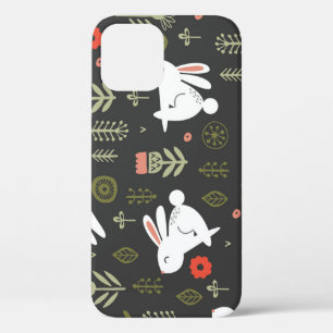 Dark background, white rabbits, floral vintage. iPhone 12 case