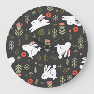 Dark background, white rabbits, floral vintage. large clock