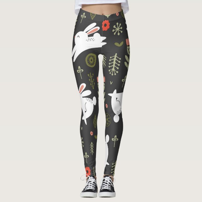 Dark background, white rabbits, floral vintage. leggings (Front)