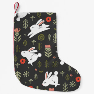 Dark background, white rabbits, floral vintage. small christmas stocking