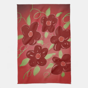 Dark barn red floral kitchen towel