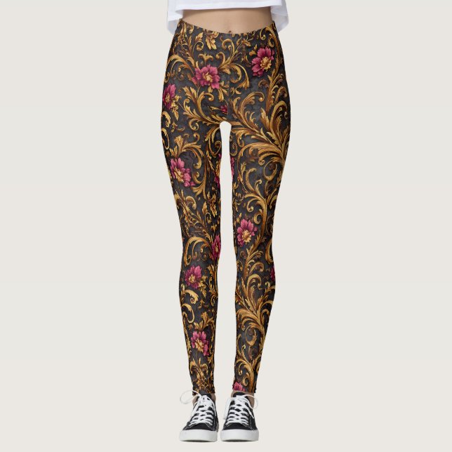 Dark Baroque Floral with Gold Scrolls Leggings (Front)