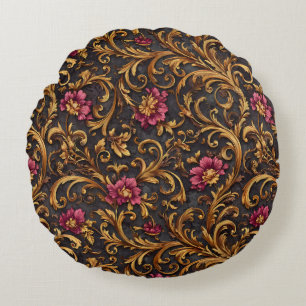 Dark Baroque Floral with Gold Scrolls Round Pillow