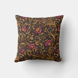 Dark Baroque Floral with Gold Scrolls Throw Pillow
