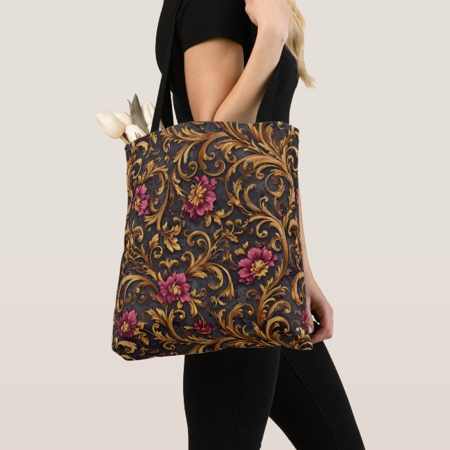 Dark Baroque Floral with Gold Scrolls Tote Bag (Close Up)