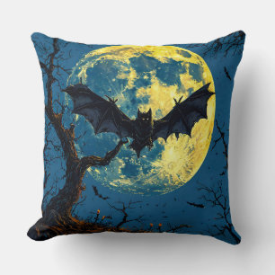 Dark Bat Flying Over Moonlit Sky With Bare Trees Throw Pillow