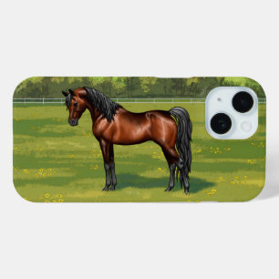 Dark Bay Egyptian Arabian Horse in Summer Pasture iPhone 15 Case