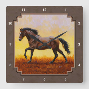 Dark Bay Running Horse Taupe Square Wall Clock