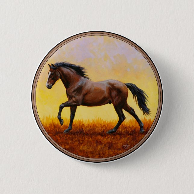 Dark Bay Stallion Horse Galloping 2 Inch Round Button (Front)