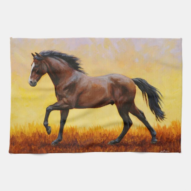 Dark Bay Stallion Horse Galloping Kitchen Towel (Horizontal)
