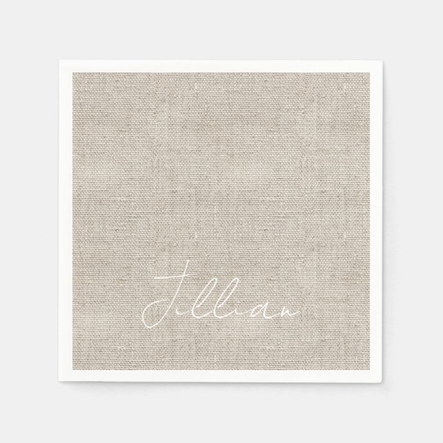 Dark Beige Linen Fabric White NAME Timeless  Napkin (Front)
