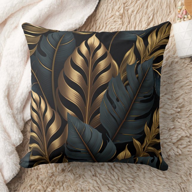 Dark Black and Golden Leaves Throw Pillow (Blanket)