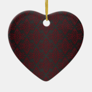 Dark Black and Red Damask Ceramic Ornament