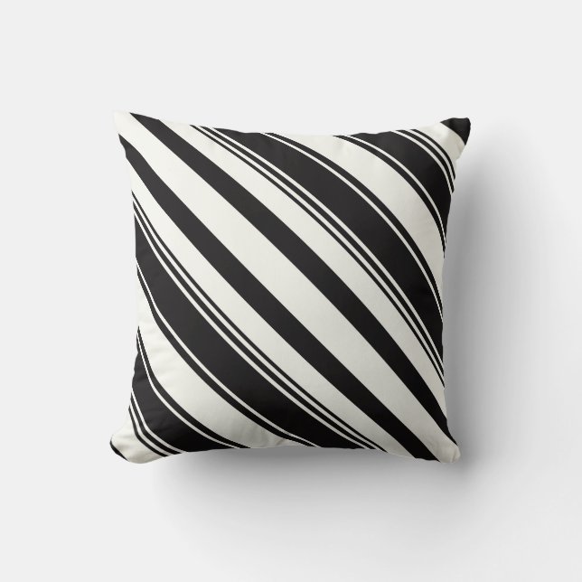 Dark Black and White Diagonal Stripes Throw Pillow (Front)