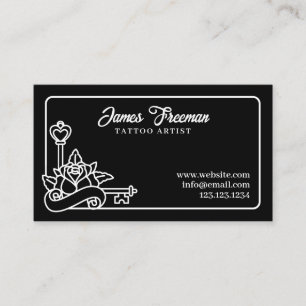 Dark Black and White Rose Keys Tattoo Artist Business Card