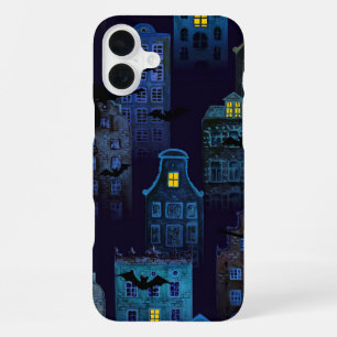 DARK BLACK & BLUE SPOOKY HALLOWEEN HOUSES iPhone 16 PLUS CASE