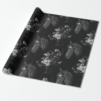 Dark Black Elegant Vintage Horse Floral Wrapping Paper