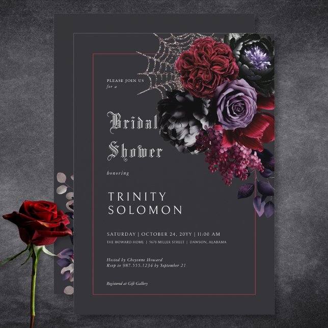 Dark Black Floral & Silver Web Bridal Shower Invitation (Dark Black Floral & Silver Web Bridal Shower Invitation)
