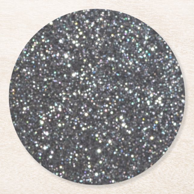 Dark Black Glitter Sparkles Round Paper Coaster (Front)