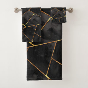 Dark Black Ink Gold Copper Geometric Glam #1 #geo Bath Towel Set