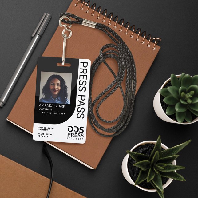 Dark Black Modern & Minimal Press Pass Photo ID Badge (Creator Uploaded)