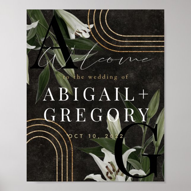 Dark Black Moody Green Botanical Wedding Welcome Poster (Front)