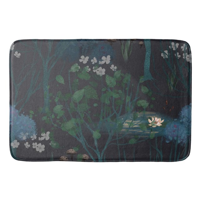 Dark Black Moody Lily Pond Floral  Bath Mat (Front)