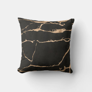 Dark Black Onyx Modern Marble Gold Foil Gemstone Throw Pillow