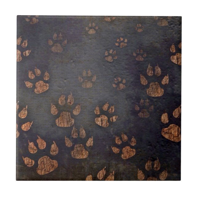Dark Black Rustic Pet Paw Print Pattern Tile (Front)