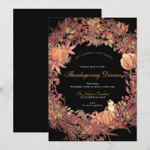 Dark Black Rustic Wreath Thanksgiving Dinner Invitation
