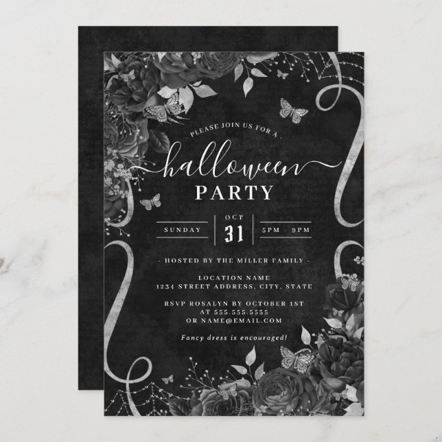 Dark Black Spooky Floral Scroll Halloween Party  Invitation (Front/Back)