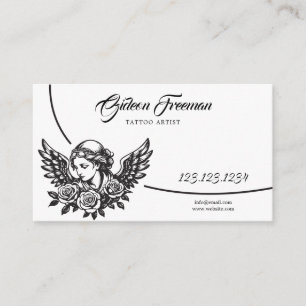 Dark Black & White Angel Wings Tattoo Artist Business Card