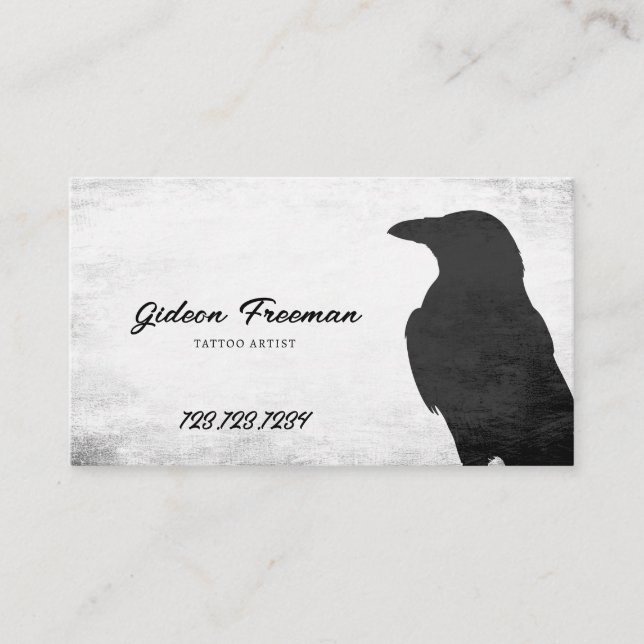Dark Black & White Crow Silhouette Tattoo Artist Business Card (Front)