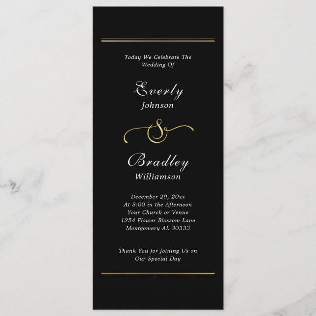 Dark Black White Script Elegant Minimal Wedding  Program (Front)