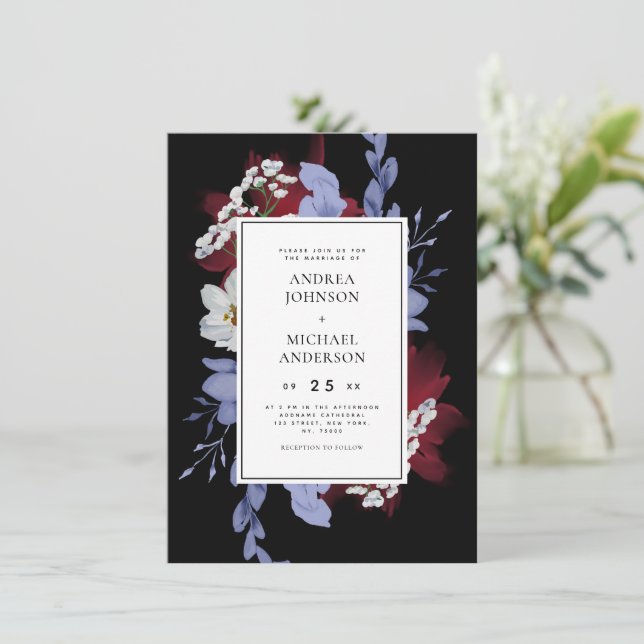 Dark Bloom Night Garden Goth Floral Black Wedding Invitation (Standing Front)