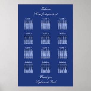 Dark Blue 12 Table Wedding Seating Chart Poster